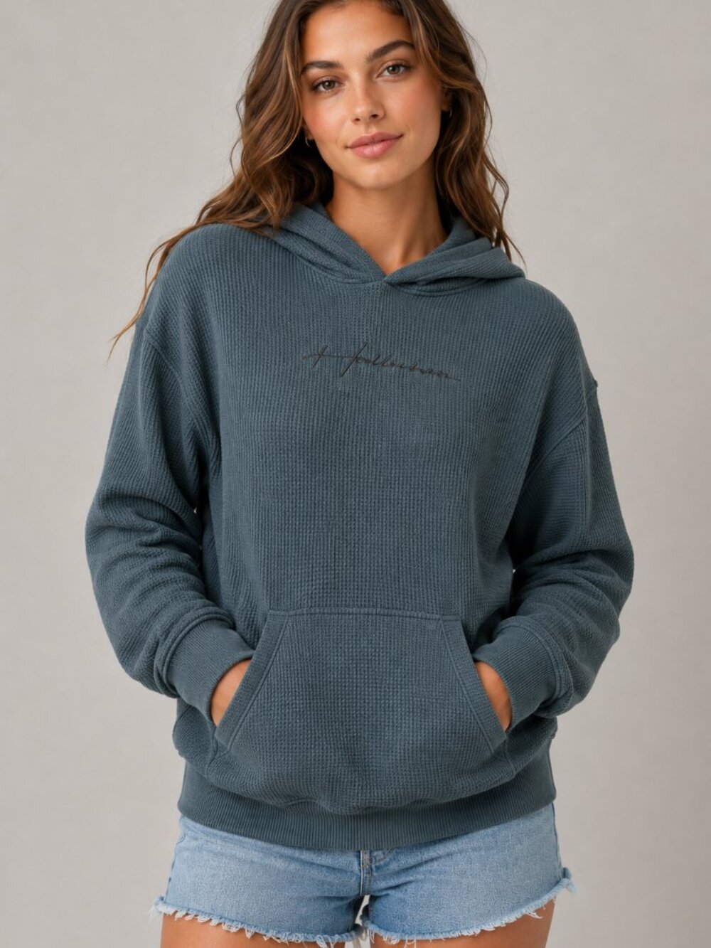 Hollister Waffle Knit Hoodie Sweatshirt Size Large Steel Blue Gray Pullover